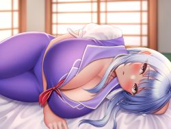 Rule 34 | 1girl, blush, breasts, cleavage, dress, futon, highres, huge breasts, indoors, kamishirasawa keine, long hair, looking at viewer, lying, mimasi osuwari, on side, pink eyes, puffy short sleeves, puffy sleeves, short sleeves, shouji, sliding doors, solo, tatami, thighs, touhou, translation request, white hair