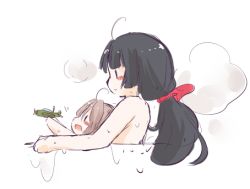 Rule 34 | 10s, 2girls, aged down, ahoge, aircraft, airplane, bathtub, black hair, bow, brown hair, hair bow, kantai collection, kenoka, long hair, lowres, multiple girls, nude, open mouth, red bow, shouhou (kancolle), simple background, toy, white background, zuihou (kancolle), | |