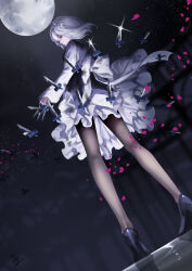 Rule 34 | 1girl, absurdres, black footwear, blue dress, blue eyes, bow, closed mouth, commentary request, dress, dutch angle, falling petals, from behind, full body, full moon, glint, grey pantyhose, high heels, highres, holding, holding knife, izayoi sakuya, knife, long sleeves, looking at viewer, looking back, maid, maid headdress, moon, night, pantyhose, petals, petticoat, pinafore dress, shirt, short hair, sleeveless dress, solo, t terano, throwing knife, touhou, waist bow, weapon, white bow, white hair, white shirt