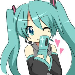 Rule 34 | 1girl, cellphone, detached sleeves, fukumitsu (kirarirorustar), green eyes, green hair, hatsune miku, heart, long hair, looking at viewer, matching hair/eyes, one eye closed, phone, simple background, smile, solo, twintails, vocaloid, white background, wink