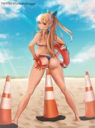 Rule 34 | 1girl, ass, barefoot, beach, bikini, blonde hair, blue bikini, cloud, crab, day, flare, full body, greatodoggo, hand on own hip, high ponytail, highres, hololive, long hair, looking at viewer, looking back, pointy ears, separated legs, shiranui flare, sky, solo, standing, swimsuit, thong bikini, traffic cone, virtual youtuber