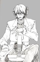Rule 34 | 00s, 1boy, bad id, bad pixiv id, chair, cigarette, franken stein (soul eater), glasses, greyscale, lab coat, male focus, monochrome, short hair, simple background, solo, soul eater