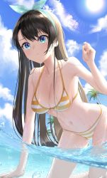 Rule 34 | 1girl, absurdres, all fours, alternate hair length, alternate hairstyle, aqua eyes, bikini, black hair, blue eyes, blue hairband, blue sky, breasts, cleavage, cloud, day, hairband, highres, hololive, long hair, looking at viewer, medium breasts, narukami arei, navel, oozora subaru, oozora subaru (hololive summer 2019), outdoors, palm tree, sky, solo, striped bikini, striped clothes, sun, swept bangs, swimsuit, tree, virtual youtuber, water, yellow bikini