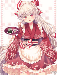 Rule 34 | 1girl, absurdres, alternate costume, apron, blush, bow, breasts, collarbone, commentary request, contrapposto, cowboy shot, cup, food, frills, fujiwara no mokou, grey hair, hair bow, highres, holding, holding tray, japanese clothes, kemo chiharu, kimono, large breasts, long hair, long sleeves, looking at viewer, maid, maid headdress, multi-tied hair, open mouth, red bow, red eyes, red kimono, signature, simple background, solo, touhou, tray, two-tone bow, unmoving pattern, v-shaped eyebrows, very long hair, wa maid, waist apron, white apron, white background, white bow, wide sleeves