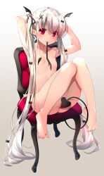 Rule 34 | 1girl, arms up, barefoot, black bow, black ribbon, black wings, blush, bow, breasts, chair, closed mouth, collarbone, commentary request, demon tail, feet, full body, gradient background, grey background, hair between eyes, hair bow, hair ribbon, head wings, highres, knees up, legs, long hair, looking at viewer, mouth hold, nude, on chair, original, ribbon, ribbon in mouth, signature, silver hair, sitting, small breasts, smile, solo, tail, tail censor, toes, twintails, very long hair, white background, wings, yanagi yuu