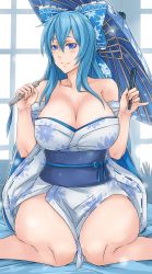 Rule 34 | 1girl, absurdres, aqua hair, blue eyes, blush, bow, breasts, character request, curvy, exaxuxer, hair bow, hand fan, highres, huge breasts, japanese clothes, kimono, knees together feet apart, long hair, obi, off shoulder, original, pinky out, redrawn, revision, sash, sitting, smile, solo, umbrella, wariza