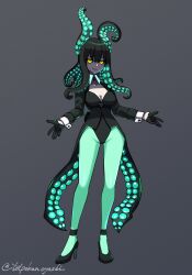 Rule 34 | 1girl, animal ears, artist name, black footwear, black gloves, black hair, closed mouth, colored inner hair, detached collar, fake animal ears, fake tail, full body, gloves, green hair, green pantyhose, grey background, half gloves, hands up, high heels, highres, horizontal pupils, leotard, long sleeves, looking at viewer, multicolored hair, original, pantyhose, playboy bunny, rabbit tail, simple background, smile, solo, standing, suction cups, tail, tailcoat, tailcoat playboy bunny, tentacle clothes, tentacle hair, toipokun oyashi, twitter username, yellow eyes