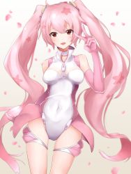 Rule 34 | 1girl, covered navel, elbow gloves, gloves, hatsune miku, hechi (hechi322), leotard, long hair, pink gloves, pink hair, red eyes, sakura miku, solo, twintails, very long hair, vocaloid