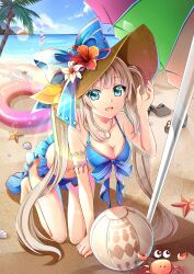 Rule 34 | 1girl, :d, absurdres, adjusting clothes, adjusting headwear, aqua eyes, ball, bare arms, bare legs, bare shoulders, barefoot, beach, beach umbrella, beachball, bikini, blonde hair, blue bikini, blue bow, blue sky, bow, breasts, cleavage, cloud, coconut tree, crab, fate/grand order, fate (series), full body, gyaza, hand on ground, hand on headwear, hat, hat bow, highres, kneeling, lens flare, long hair, looking at viewer, marie antoinette (swimsuit caster) (third ascension) (fate), medium breasts, ocean, open mouth, palm tree, pink innertube, sailing ship, sand, sandals, shell, shoes, unworn shoes, sky, smile, solo, starfish, sun hat, swimsuit, tree, twintails, umbrella, very long hair