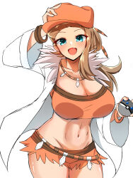 Rule 34 | blue eyes, bracelet, breasts, brown hair, coat, creatures (company), fang, game freak, hat, holding, holding poke ball, jewelry, large breasts, long hair, looking at viewer, midriff, navel, nintendo, open mouth, orange hat, poke ball, pokemon, pokemon swsh, sada (pokemon), sada (pokemon) (cosplay), standing, warabi0033, white background, white coat