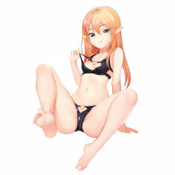 Rule 34 | 1girl, :q, absurdres, arm support, bare shoulders, barefoot, bikini, black bikini, blonde hair, blue eyes, blush, breasts, character request, copyright request, dopamine70, feet, full body, hair between eyes, highres, lips, long hair, looking at viewer, navel, pointy ears, simple background, small breasts, smile, soles, solo, spread legs, swimsuit, toes, tongue, tongue out, white background