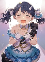 Rule 34 | 1girl, ayano yuu (sonma 1426), black hair, collarbone, commentary request, confetti, detached collar, closed eyes, fang, fangs, fukumaru koito, gloves, hair ribbon, highres, idolmaster, idolmaster shiny colors, layered skirt, microphone, open mouth, ribbon, single bare shoulder, skin fang, skirt, solo, tearing up, tears, twintails, white gloves