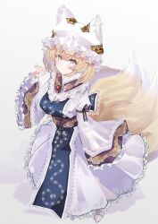 Rule 34 | 1girl, animal ears, blonde hair, blush, closed mouth, dress, fox ears, fox tail, frilled sleeves, frills, full body, hat, highres, long sleeves, mob cap, multiple tails, sarasadou dan, short hair, simple background, solo, tabard, tail, touhou, white background, white dress, white hat, wide sleeves, yakumo ran, yellow eyes
