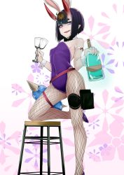 Rule 34 | 1girl, alcohol, animal ears, b.d, bare shoulders, black bow, black bowtie, bob cut, bottle, bow, bowtie, breasts, commentary, covered navel, cup, detached collar, drinking glass, fake animal ears, fangs, fate/grand order, fate (series), fishnet pantyhose, fishnets, gourd, headpiece, highres, horns, leg up, leotard, narrowed eyes, open mouth, pantyhose, playboy bunny, pointy ears, purple eyes, purple footwear, purple hair, purple leotard, rabbit ears, short hair, shuten douji (fate), skin-covered horns, small breasts, smile, smug, solo, standing, standing on one leg, thick eyebrows, wine bottle, wine glass, wrist cuffs