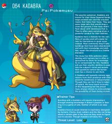 Rule 34 | 1boy, 1girl, animal ears, anklet, artist name, blonde hair, bracelet, breasts, brown eyes, character name, character profile, claws, cloak, colored skin, commentary, creatures (company), english commentary, english text, fork, game freak, gen 1 pokemon, green cloak, hair ornament, hat, highres, hood, hood up, jewelry, kadabra, kinkymation, large tail, long hair, mask, medium breasts, nintendo, personification, pokemon, purple cloak, purple hair, ring, spoon, star (symbol), tail, telekinesis, two-tone cloak, underboob, yellow skin
