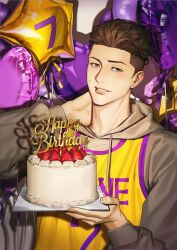 Rule 34 | 1boy, absurdres, balloon, birthday cake, blush, brown eyes, brown hair, cake, casual, food, fruit, grin, hand on own neck, happy birthday, highres, holding, holding cake, holding food, jigpanjang, looking at viewer, male focus, miyagi ryouta, slam dunk (series), smile, solo, strawberry, sweatdrop, upper body