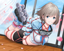 Rule 34 | 1girl, absurdres, ahoge, bdsm, bike shorts, blue eyes, bondage, boots, bound, brown hair, commentary request, commission, curtains, elegia, goggles, goggles around neck, grin, highres, hogtie, idolmaster, idolmaster shiny colors, indoors, looking at viewer, lying, midriff, on stomach, open mouth, petals, restrained, roller skates, sailor collar, second-party source, serizawa asahi, shibari, shibari over clothes, short hair, skates, skindentation, smile, solo, teeth, window, wooden floor