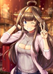 Rule 34 | 1girl, ahoge, alternate costume, bag, belt, blue pants, blurry, blurry background, blush, breasts, brown hair, cleavage, cleavage cutout, clothing cutout, denim, double bun, grey belt, grin, hair bun, headgear, ichikawa feesu, jacket, kantai collection, kongou (kancolle), kongou kai ni (kancolle), large breasts, long hair, long sleeves, looking at viewer, meme attire, night, one eye closed, open-chest sweater, outdoors, pants, pink jacket, purple eyes, purple sweater, ribbed sweater, smile, solo, sweater, upper body, v, watch, wristwatch