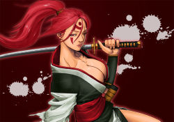 Rule 34 | 1girl, amputee, arc system works, baiken, bracer, breasts, cleavage, eyelashes, facial tattoo, female focus, guilty gear, japanese clothes, kataginu, katana, kimono, large breasts, lips, long hair, niku (kinnik777), obi, one-eyed, open clothes, open kimono, over shoulder, ponytail, red eyes, red hair, sash, scar, scar across eye, scar on face, solo, sword, sword over shoulder, tattoo, weapon, weapon over shoulder