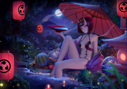 Rule 34 | 1girl, alcohol, apple, architecture, arm support, banana, bare arms, bare legs, bare shoulders, barefoot, blunt bangs, blurry, breasts, bush, candle, closed mouth, collarbone, commentary request, cup, depth of field, east asian architecture, fate/grand order, fate (series), food, fruit, full moon, gem, grapes, grass, headpiece, highres, hikimayu, holding, horns, japanese clothes, kimono, knee up, lantern, light particles, lily pad, looking at viewer, medium breasts, mitsudomoe (shape), moon, moonlight, mountain, navel, night, night sky, off shoulder, oil-paper umbrella, oni, open clothes, open kimono, outdoors, paper lantern, parasol, pond, purple eyes, purple hair, purple kimono, red umbrella, revealing clothes, rock, sakazuki, sake, short hair, shuten douji (fate), shuten douji (first ascension) (fate), sitting, skin-covered horns, sky, smile, soaking feet, solo, star (sky), starry sky, stone lantern, tianran feicai, tomoe (symbol), tree, umbrella, watermelon