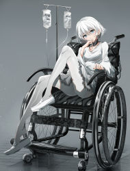 Rule 34 | 1girl, blue eyes, blush, bob cut, breasts, closed mouth, collarbone, dress, full body, grey background, grey footwear, grey pantyhose, grey theme, hair between eyes, hand to own mouth, hand up, head tilt, highres, intravenous drip, loafers, long sleeves, original, pantyhose, shoe dangle, shoes, silver hair, sitting, small breasts, solo, swav, wheelchair, white dress, wide sleeves