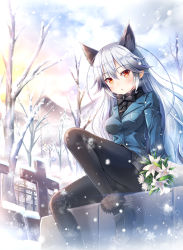 Rule 34 | 10s, 1girl, akashio (loli ace), animal ears, bare tree, black bow, black bowtie, black footwear, black skirt, black thighhighs, bouquet, bow, bowtie, breasts, breath, crotch seam, day, flower, fox ears, fur trim, graveyard, highres, kemono friends, long hair, looking at viewer, medium breasts, outdoors, parted lips, pocket, red eyes, shoes, silver fox (kemono friends), silver hair, sitting, skirt, snow, snowing, solo, sparkle, thighhighs, tombstone, tree, uniform, very long hair, winter