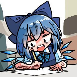 Rule 34 | 1girl, anger vein, blue bow, blue hair, bow, cirno, collared shirt, commentary request, constricted pupils, detached wings, drawing, female focus, hair bow, holding, holding pencil, i fucking love drawing (meme), ice, ice wings, jitome, kasuya baian, meme, open mouth, paper, partial commentary, pencil, photo-referenced, puffy short sleeves, puffy sleeves, shirt, short hair, short sleeves, solo, teeth, touhou, upper teeth only, v-shaped eyebrows, white shirt, wings