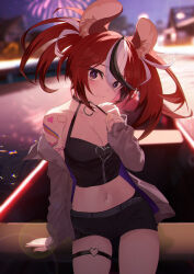 Rule 34 | 1girl, absurdres, animal ear fluff, animal ears, arm tattoo, belt, black choker, black shorts, blurry, blurry background, breasts, choker, cleavage, fireworks, hakos baelz, hand up, highres, hololive, hololive english, jiang ye kiri, large breasts, midriff, mouse ears, mouse tail, multicolored hair, navel, night, night sky, off shoulder, outdoors, red hair, short shorts, shorts, sitting, sky, solo, stomach, streaked hair, tail, tattoo, thigh strap, thighs, twintails, virtual youtuber