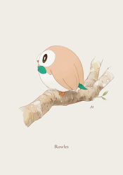 Rule 34 | absurdres, bad id, bad pixiv id, beak, branch, brown eyes, character name, closed mouth, commentary request, creatures (company), game freak, gen 7 pokemon, grey background, highres, leaf, mokuzou (moku ssbu), nintendo, no humans, pokemon, pokemon (creature), rowlet, solo, standing