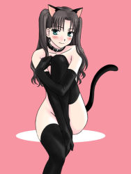 Rule 34 | 00s, 1girl, animal ears, black gloves, black thighhighs, blush, boribeya, cat ears, cat girl, cat tail, censored, collar, convenient censoring, convenient leg, covering privates, elbow gloves, fate/stay night, fate (series), female focus, gloves, long legs, lowres, nude, solo, tail, thighhighs, tohsaka rin, two side up
