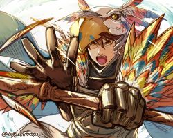 Rule 34 | 1boy, brown eyes, brown gloves, brown hair, feathers, gloves, granblue fantasy, hat, kotatsu (g-rough), looking at viewer, male focus, nezahualpilli, open mouth, shaman, sketch, solo, twitter username, upper body