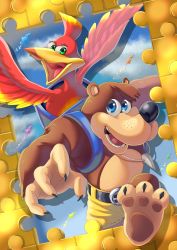 Rule 34 | 1boy, 1girl, absurdres, backpack, bag, banjo, banjo-kazooie, banjo (banjo-kazooie), bear, bird, blue eyes, brown hair, feathers, green eyes, highres, instrument, kazooie (banjo-kazooie), looking at viewer, nintendo, open mouth, smile, sumaboooo, super smash bros., wings