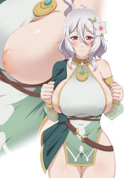 Rule 34 | 1girl, alternate breast size, antenna hair, areola slip, asymmetrical clothes, belt, blush, breasts, choco monaka, commission, curvy, detached sleeves, elf, flower, hair flower, hair ornament, highres, inverted nipples, kokkoro (princess connect!), large breasts, medallion, medium hair, mole, mole under mouth, multiple views, nipples, aged up, one breast out, pointy ears, princess connect!, red eyes, sideboob, skeb commission, smile, thick thighs, thighs, white hair