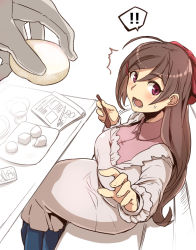 Rule 34 | !, !!, 1girl, apron, blush, bowl, breasts, brown hair, food, hair ornament, hair ribbon, hairclip, holding, holding spoon, kantai collection, kappougi, large breasts, long hair, long sleeves, mamiya (kancolle), open mouth, out of frame, purple eyes, ribbon, simple background, sitting, solo focus, spoken exclamation mark, spoon, tsukinami kousuke