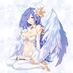 Rule 34 | 1girl, angel, angel wings, blue hair, blush, breasts, cleavage, clothing cutout, detached collar, elbow gloves, feathered wings, flower, four goddesses online: cyber dimension neptune, gloves, hair flower, hair ornament, halo, hand on own chest, iris heart, iwashi dorobou -r-, kami jigen game neptune v, large breasts, long hair, looking at viewer, navel, navel cutout, neptune (series), power symbol, power symbol-shaped pupils, red eyes, see-through, sitting, smile, solo, symbol-shaped pupils, very long hair, white gloves, white legwear, wings