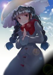 Rule 34 | 1girl, ajirogasa, asuzemu, black hair, blush, braid, commentary, dress, hat, lens flare, long earlobes, long hair, looking at viewer, own hands together, red eyes, smile, solo, touhou, twin braids, yatadera narumi