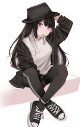 Rule 34 | 1girl, absurdres, arm up, black footwear, black hair, black hat, black jacket, black pants, breasts, fedora, hand on headwear, hat, highres, ibuki (ibuki0118), jacket, jewelry, key, long hair, long sleeves, looking at viewer, medium breasts, mouth hold, multicolored hair, necklace, open clothes, open jacket, original, pants, purple eyes, shirt, shoes, simple background, sitting, sneakers, solo, two-tone hair, white background, white hair, white shirt