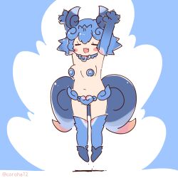 Rule 34 | 1girl, animal ears, armor, arms up, bikini armor, blue background, blue hair, coroha, elbow gloves, extra ears, fang, full body, gloves, jewelry, jumping, kemono friends, looking at viewer, navel, necklace, shiisaa right, shoes, short hair, simple background, solo, tail, thighhighs