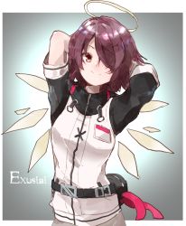 Rule 34 | 1girl, arknights, arms behind head, arms up, asymmetrical sleeves, breasts, brown hair, character name, closed mouth, detached wings, exusiai (arknights), fanny pack, hair over one eye, halo, jamir, looking at viewer, medium breasts, red eyes, short hair, smile, solo, uneven sleeves, wings