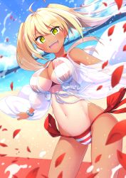 Rule 34 | 1girl, ahoge, beach, bikini, blonde hair, blurry, blurry background, blush, breasts, cleavage, commentary request, day, dutch angle, earrings, fate/grand order, fate (series), green eyes, hair intakes, halterneck, highres, jewelry, large breasts, long hair, looking at viewer, navel, nero claudius (fate), nero claudius (fate) (all), nero claudius (swimsuit caster) (fate), nero claudius (swimsuit caster) (third ascension) (fate), ocean, one-piece tan, outdoors, oyaji-sou, petals, sand, smile, solo, striped bikini, striped clothes, swimsuit, tan, tanline, teeth, twintails, water