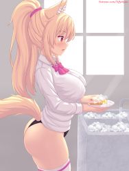 Rule 34 | 1girl, animal ears, ass, black panties, blonde hair, blush, breasts, cat ears, cat tail, cowboy shot, dishwashing, fang, faucet, from side, high ponytail, highres, large breasts, long hair, nottytiffy, open mouth, original, panties, ponytail, profile, red eyes, sink, solo, standing, tail, thighhighs, tiffy (nottytiffy), underwear, watermark, web address