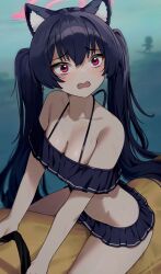 Rule 34 | 1girl, animal ear fluff, animal ears, bare shoulders, bikini, black bikini, black hair, blue archive, blush, breasts, cat ears, cleavage, collarbone, commentary, fang, hair between eyes, highres, long hair, navel, off-shoulder bikini, off shoulder, open mouth, purple eyes, riding, sensei (blue archive), serika (blue archive), serika (swimsuit) (blue archive), small breasts, solo, stomach, swimsuit, symbol-only commentary, thighs, twintails, very long hair, wakamepiza