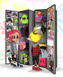 Rule 34 | 1boy, 1girl, :d, agent 3 (splatoon), agent 8 (splatoon), black eyes, black footwear, black hoodie, black pants, black shirt, blonde hair, blue headwear, blush, book, calendar (object), closed eyes, clothes hanger, commentary, cup, dress, english commentary, from behind, grey sweater, heart, high-visibility vest, high ponytail, highres, hood, hoodie, inkling, inkling boy, inkling player character, locker, looking at another, looking back, looking down, mug, nintendo, octoling, octoling girl, octoling player character, open mouth, pants, photo (object), red dress, red footwear, red hair, shirt, shoes, shorts, smile, sneakers, splatoon (series), stuffed toy, suction cups, sweater, tentacle hair, unamused, yurami18