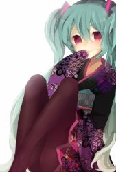 Rule 34 | 1girl, aqua hair, hatsune miku, highres, japanese clothes, kimono, long hair, miseo (mrkglove), pantyhose, red eyes, simple background, sitting, smile, solo, twintails, very long hair, vocaloid, white background