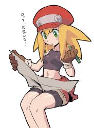 Rule 34 | 1girl, :o, bad id, bad tumblr id, bare shoulders, bike shorts, black shorts, blonde hair, blush, breasts, brown gloves, cabbie hat, clothes pull, gloves, green eyes, hair between eyes, hat, holding, jumpsuit, long hair, looking down, mega man (series), mega man legends (series), midriff, muu (mumumer), navel, paper, pencil, red hat, red jumpsuit, red shorts, roll caskett (mega man), shorts, sidelocks, simple background, sitting, sketch, small breasts, solo, sports bra, surprised, text focus, unitard, unzipped, white background, wide-eyed