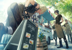 Rule 34 | 2girls, 4boys, alternate costume, apron, aranea highwind, black hair, blonde hair, boots, brother and sister, brown hair, carrying, final fantasy, final fantasy xv, food stand, gladiolus amicitia, gloves, high heels, holding, ignis scientia, iris amicitia, midriff, multiple boys, multiple girls, noctis lucis caelum, open mouth, outdoors, p-nekor, prompto argentum, short hair, siblings, smile, spiked hair, waist apron