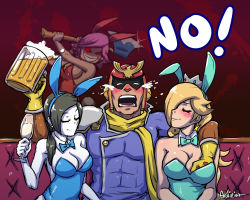 Rule 34 | 1boy, 3girls, akairiot, alcohol, animal crossing, animal ears, arm around shoulder, axe, beer, beer mug, blonde hair, blood, blood splatter, blue eyes, bow, bowtie, grabbing another&#039;s breast, breasts, captain falcon, champagne flute, cleavage, colored skin, couch, crown, cup, detached collar, drinking glass, drunk, earrings, f-zero, fake animal ears, glowing, glowing eyes, grabbing, grey hair, groping, hair over shoulder, helmet, jewelry, large breasts, long hair, mario (series), mug, multiple girls, nintendo, pale skin, pink hair, playboy bunny, rabbit ears, red background, red eyes, rosalina, scarf, sitting, star (symbol), star earrings, super mario bros. 1, super mario galaxy, super smash bros., table, villager (animal crossing), weapon, white skin, wii fit, wii fit trainer, wii fit trainer (female), wine glass, yandere, you gonna get raped
