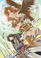 Rule 34 | 1boy, 1girl, :d, belt, bird, black hair, boots, brown hair, cloud, crossed arms, day, eagle, fantasy, feathers, midriff, open mouth, orange eyes, original, sky, smile, sword, thigh boots, thighhighs, weapon, yellow eyes, yuu (yuyukaikan)