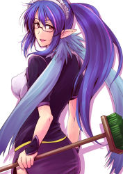 Rule 34 | 00s, 1girl, alternate costume, blue hair, breasts, broom, cowboy shot, enmaided, glasses, headdress, highres, judith (tales), long hair, looking at viewer, looking back, maid, medium breasts, pointy ears, ponytail, red eyes, side slit, simple background, skirt, smile, solo, standing, tales of (series), tales of vesperia, very long hair, waitress, white background