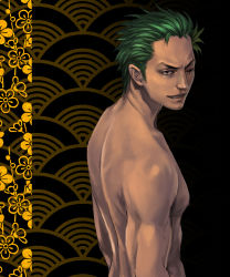 Rule 34 | 1boy, green hair, highres, joy (aka0319), looking at viewer, male focus, muscular, one-eyed, one piece, over shoulder, roronoa zoro, topless male, solo
